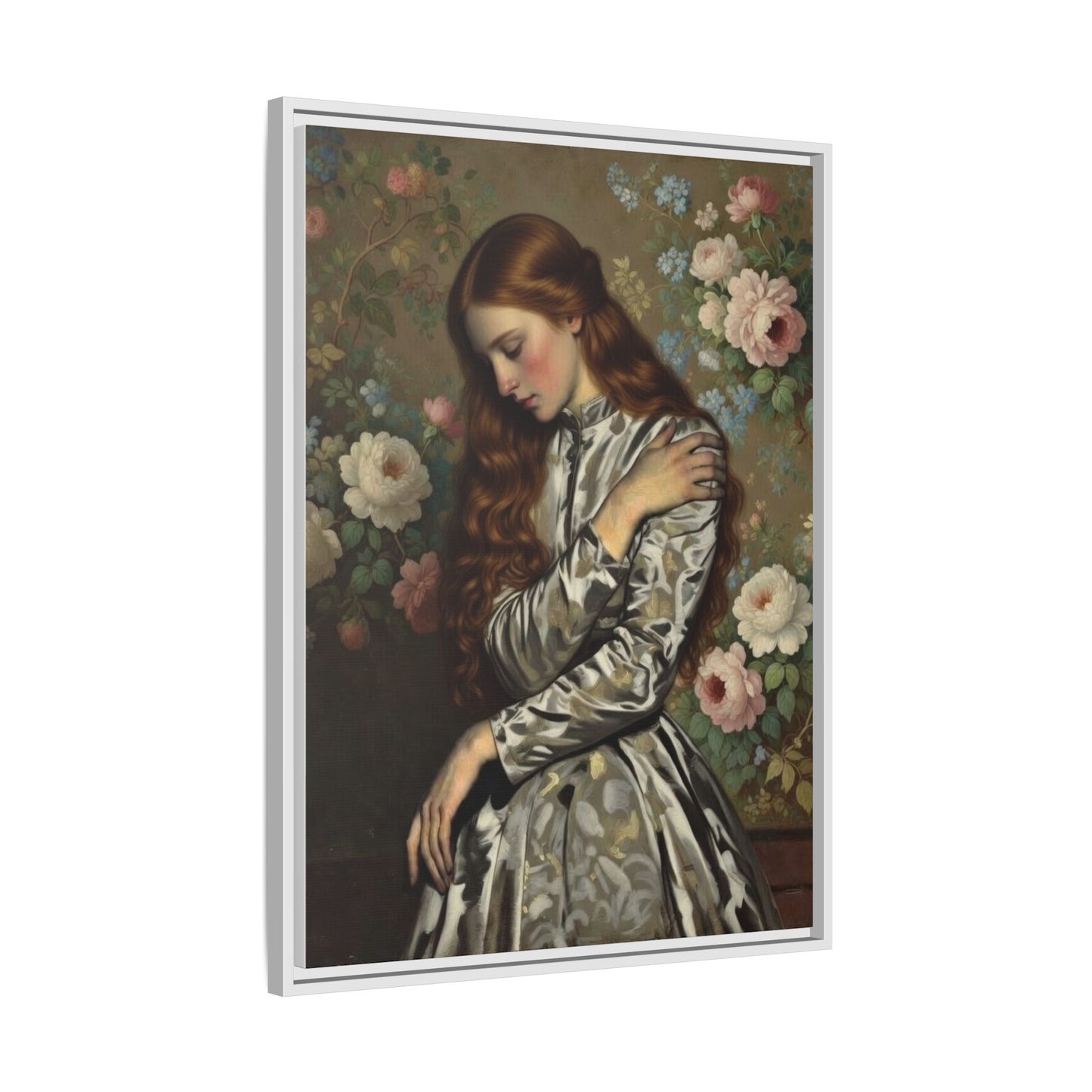 Framed Matte Canvas Art — Vintage Floral Portrait of a Young Woman