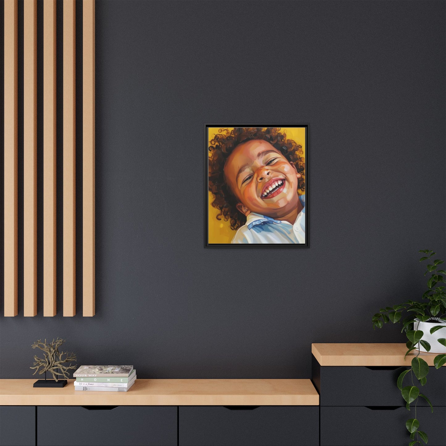 Framed Matte Canvas Print – Joyful Child Portrait, Colorful Nursery Wall Art