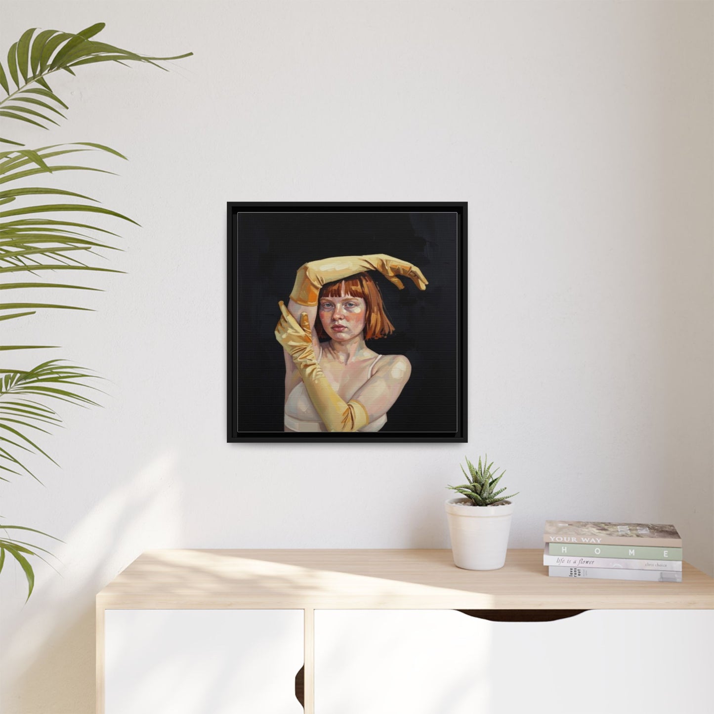 Framed Matte Canvas Art – Portrait of Woman in Yellow Gloves