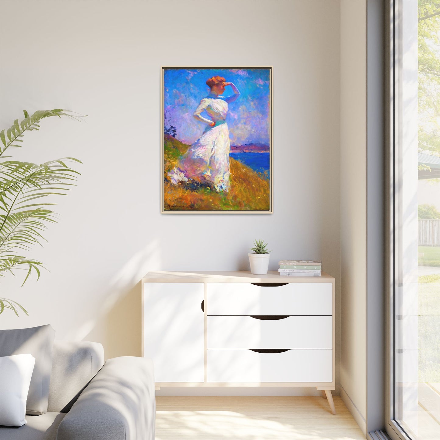 Framed Matte Canvas Art - Woman in White Seaside Impressionist Print