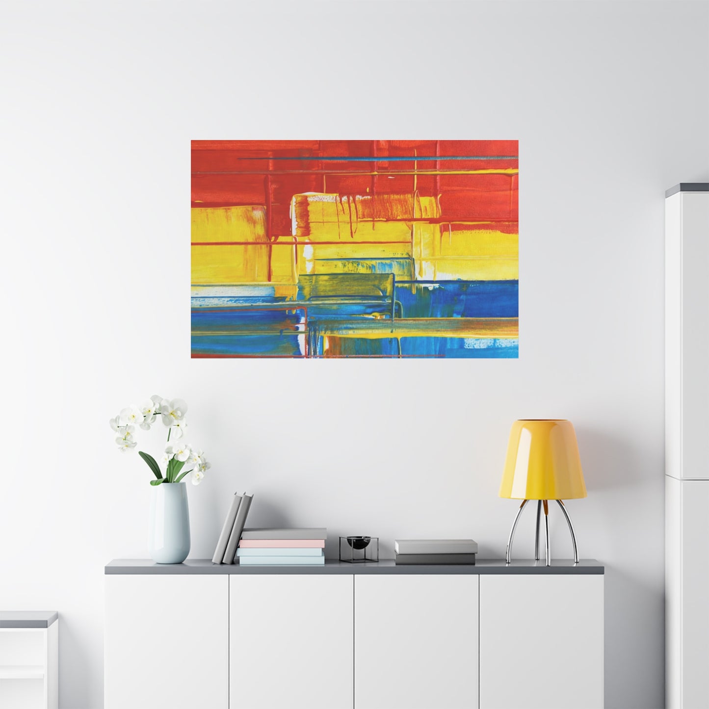 Abstract Color Block Canvas Print — Vibrant Red, Yellow & Blue Stretched Wall Art