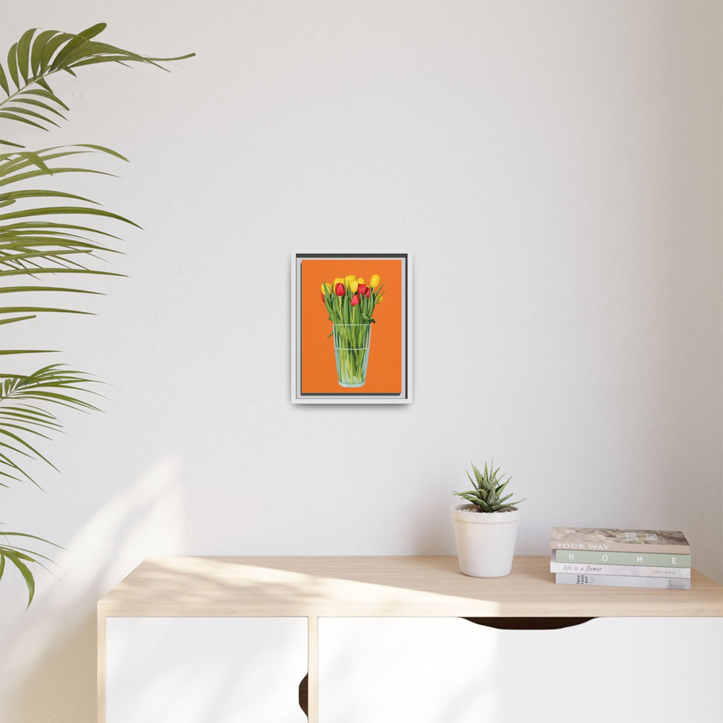 Framed Tulip Canvas Print — Colorful Tulips in Glass Vase
