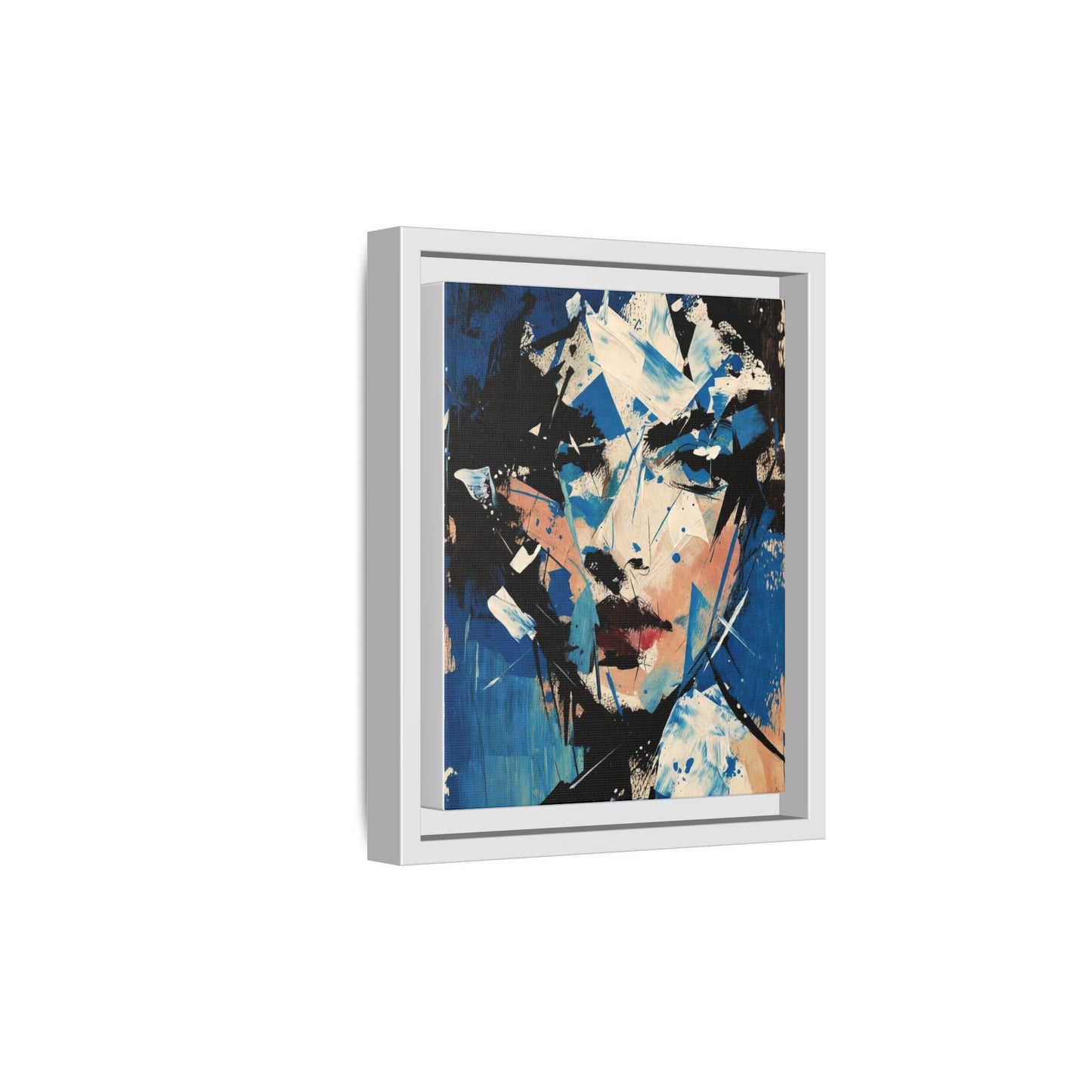 Abstract Portrait Matte Canvas Framed Wall Art — Blue Mixed-Media Face Print