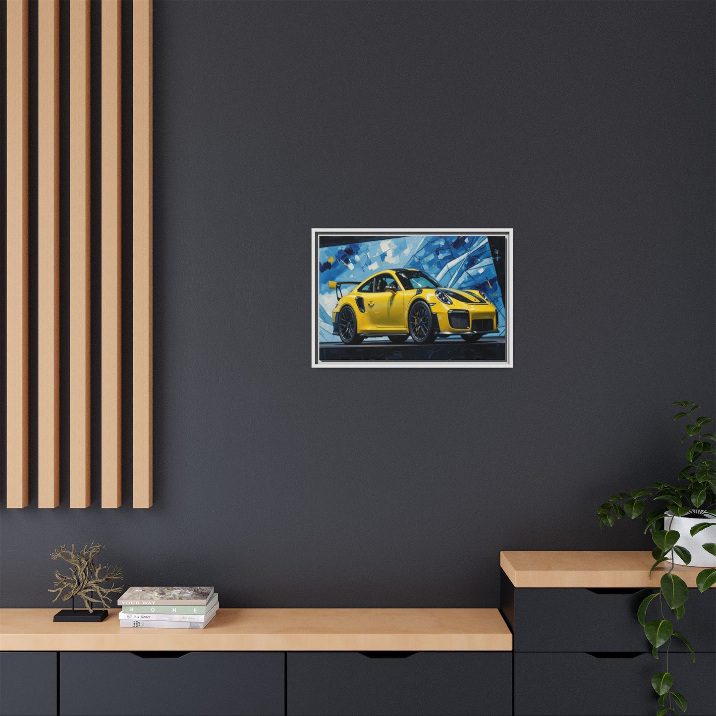 Yellow Porsche Sports Car Matte Framed Canvas – Modern Automotive Wall Art