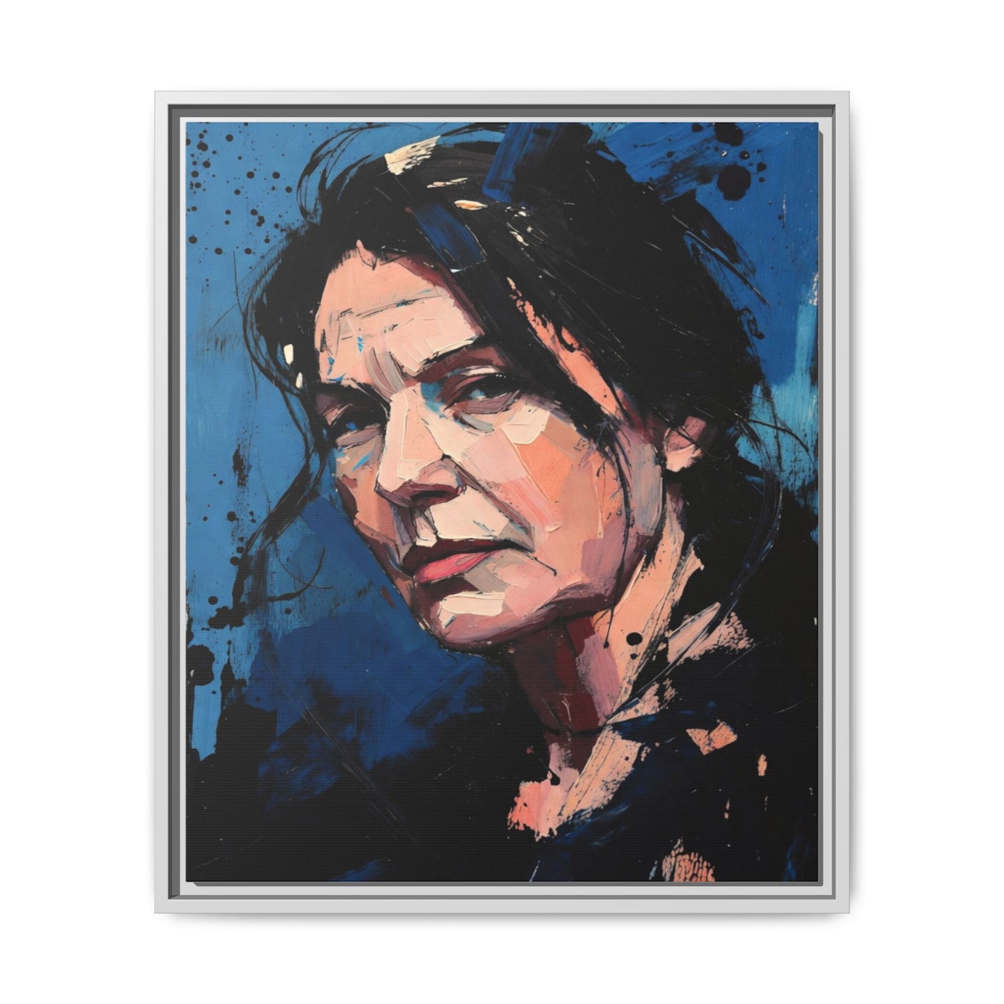 Framed Matte Canvas Portrait — Expressive Blue Painterly Woman Art