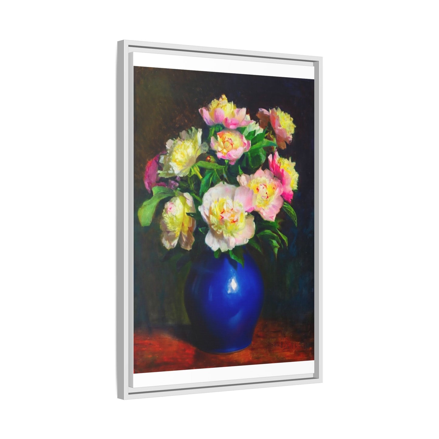 Framed Matte Canvas Wall Art — Vintage Floral Bouquet in Blue Vase