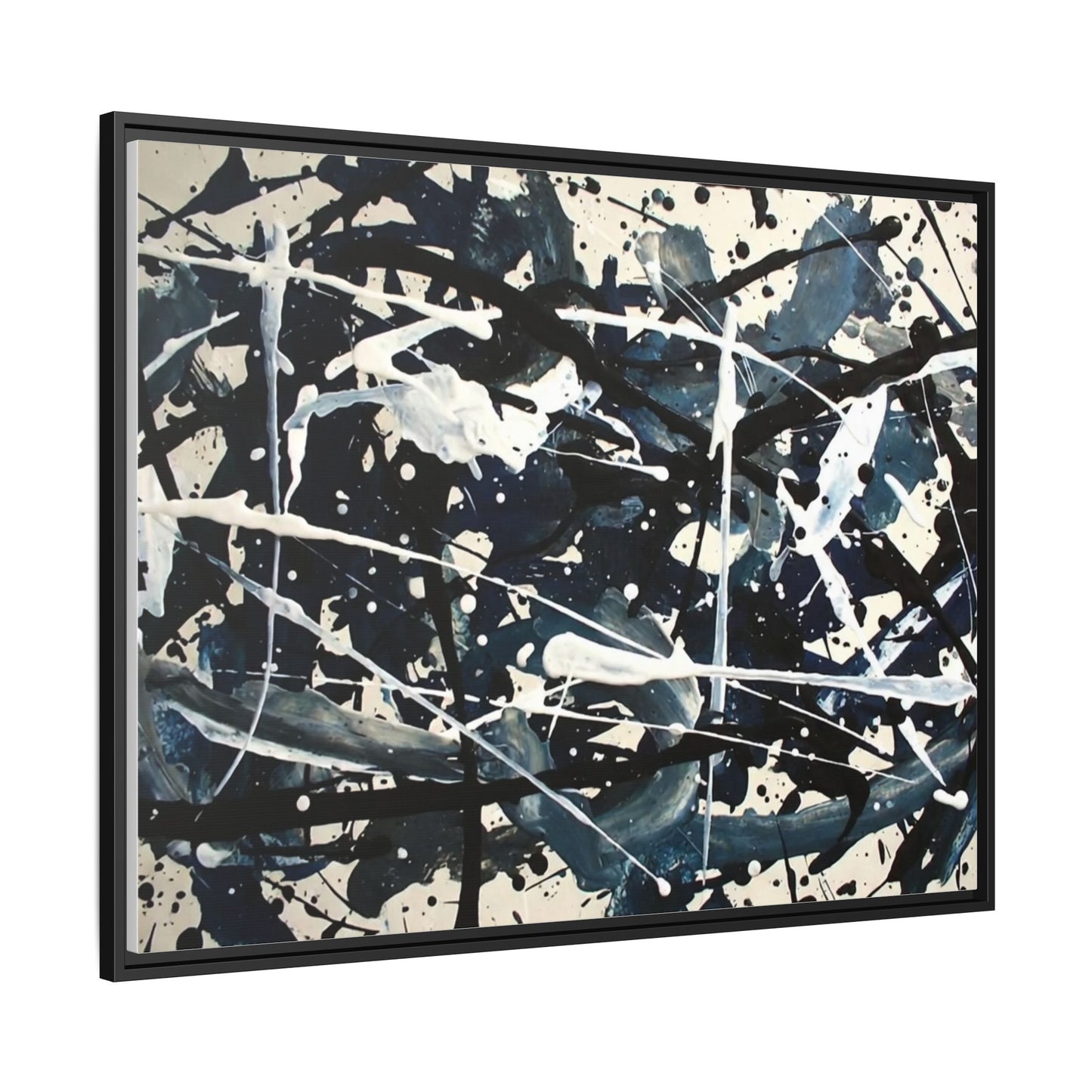 Abstract Splatter Matte Canvas Framed Wall Art — Black & Blue Modern Art Print