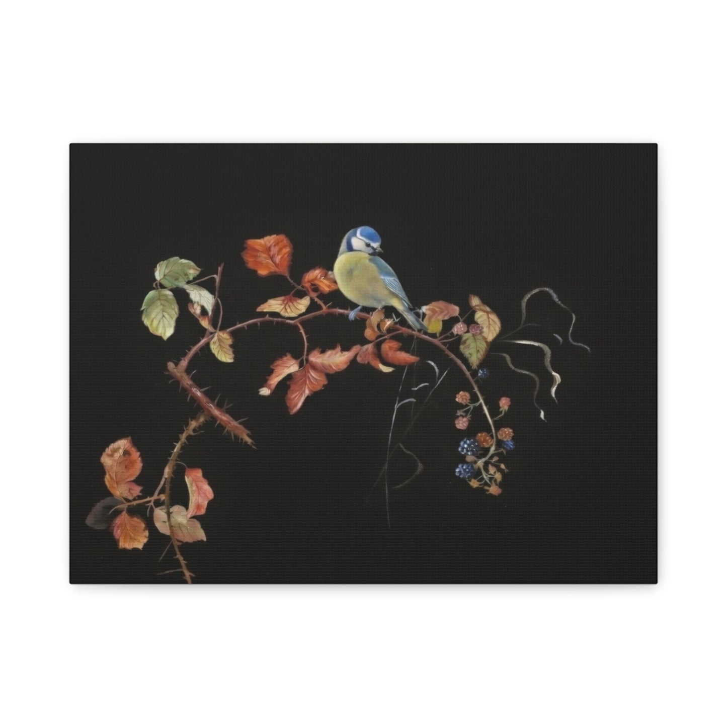 Canvas Wall Art - Blue Tit on Autumn Branch, Stretched Matte Canvas