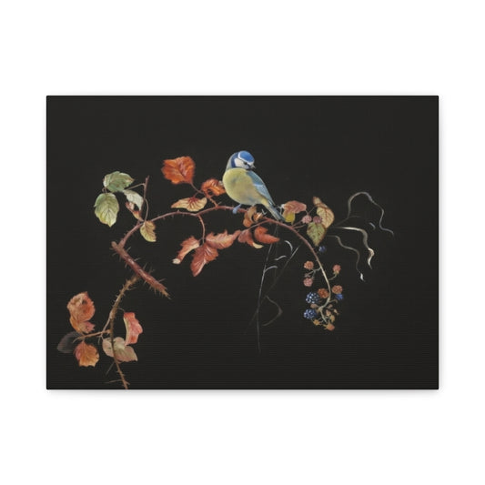 Canvas Wall Art - Blue Tit on Autumn Branch, Stretched Matte Canvas