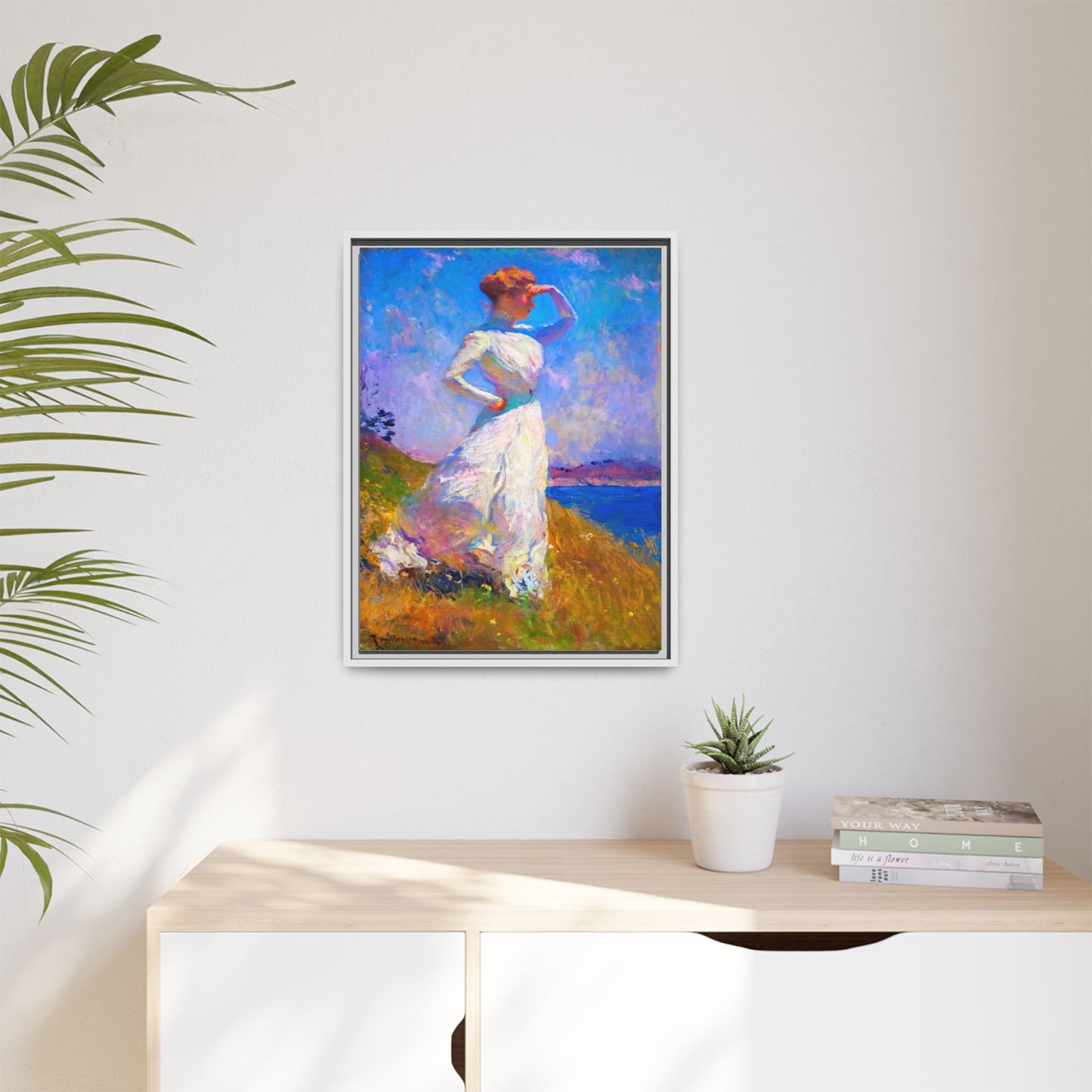 Framed Matte Canvas Art - Woman in White Seaside Impressionist Print