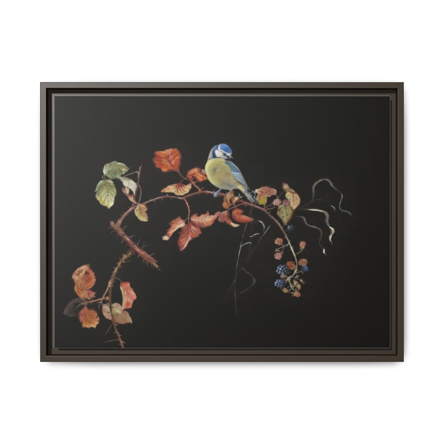 Framed Matte Canvas - Blue Tit on Autumn Branch Wall Art