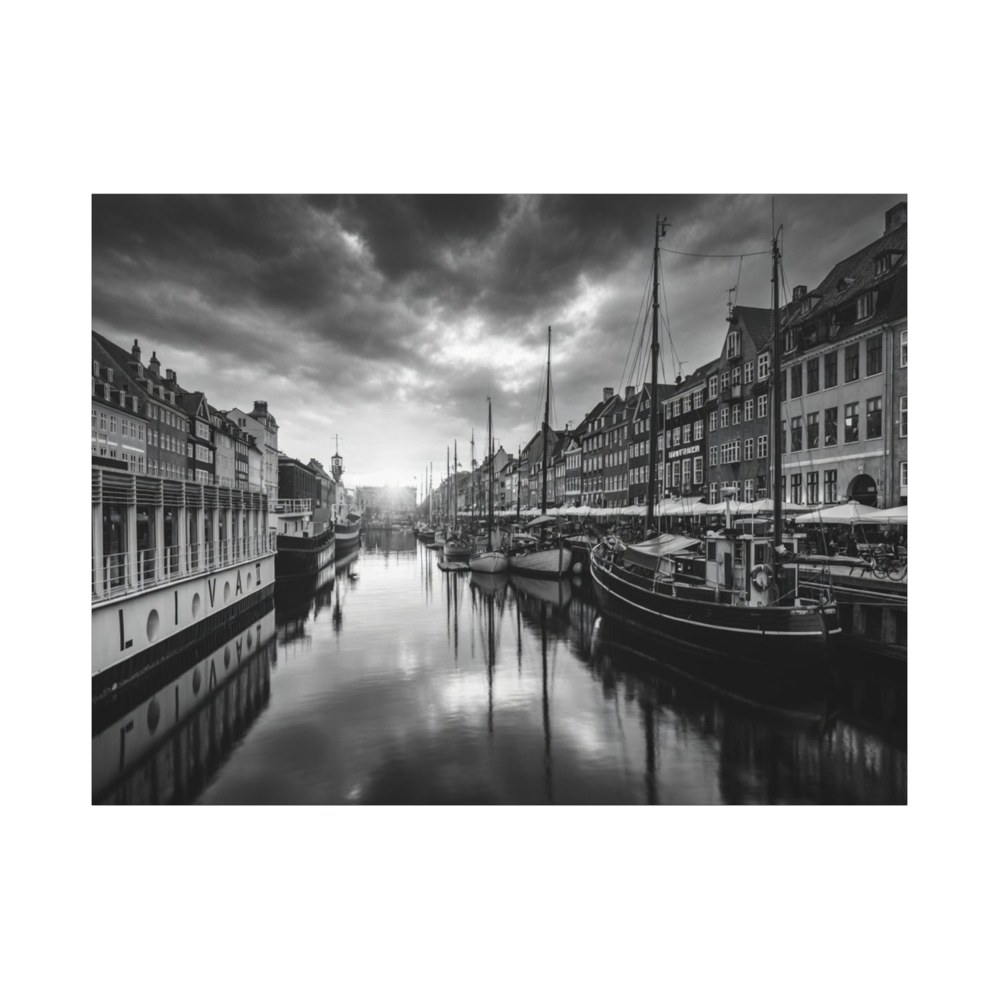 Black & White Harbor Canvas Print — Dramatic Copenhagen Cityscape Wall Art