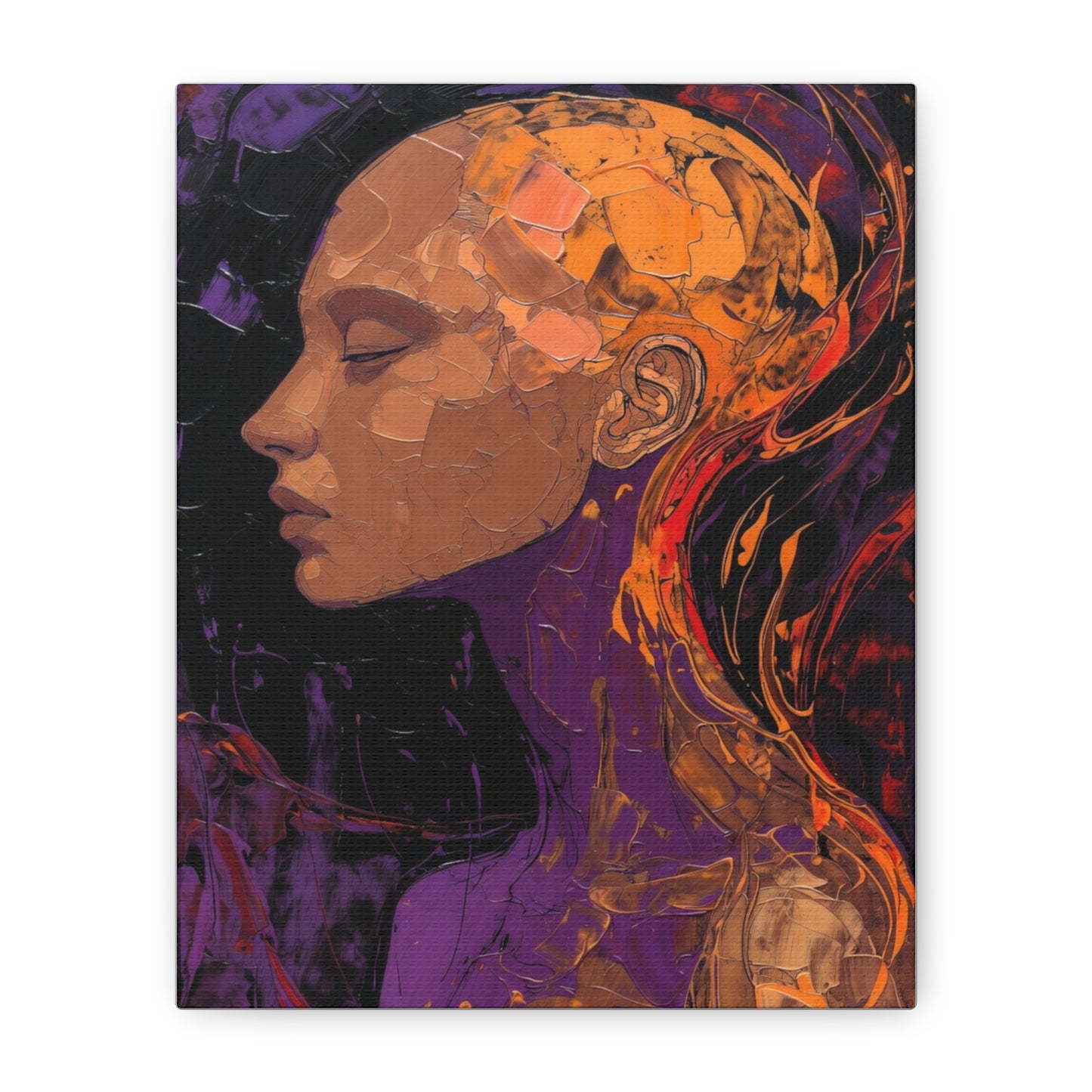 Abstract Portrait Canvas - Meditative Female Profile in Purple & Orange