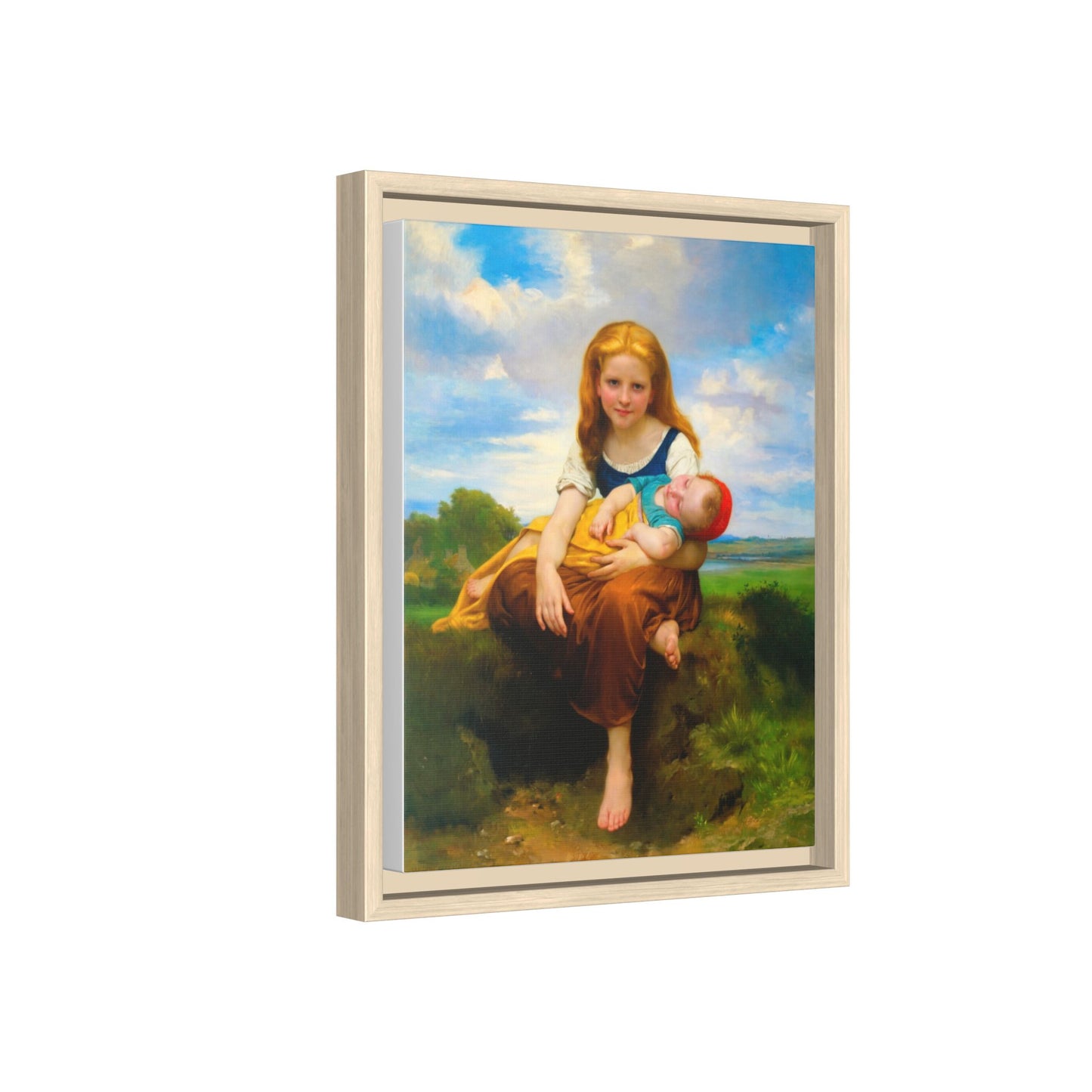 Young Girl Holding Sleeping Baby Canvas Print, Framed Wall Art
