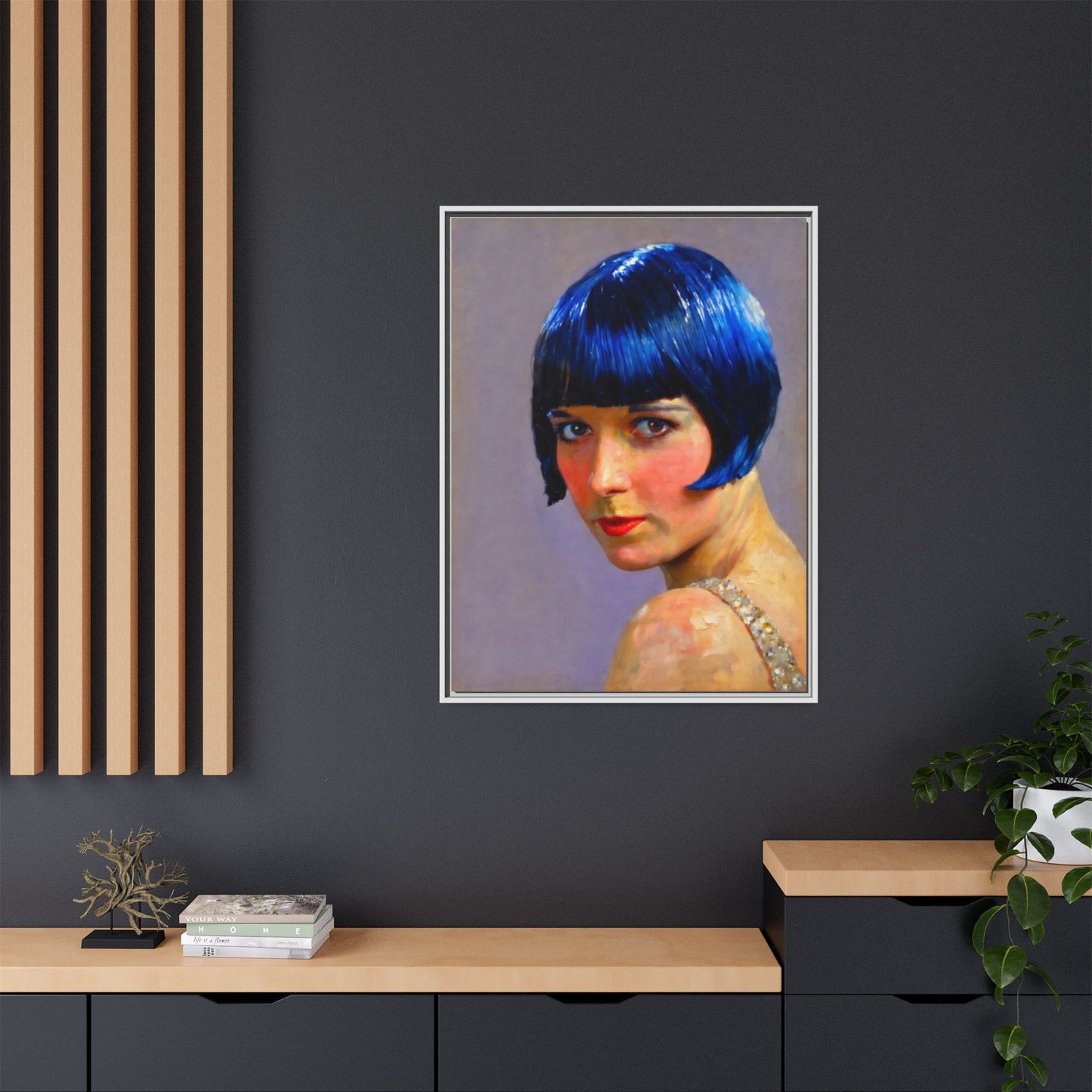 Framed Matte Canvas Art Print — Vintage Portrait with Blue Bob