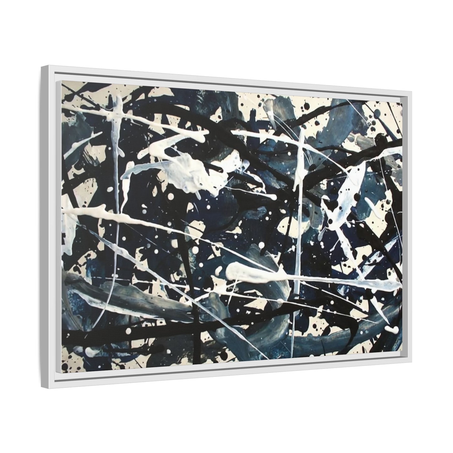 Abstract Splatter Matte Canvas Framed Wall Art — Black & Blue Modern Art Print