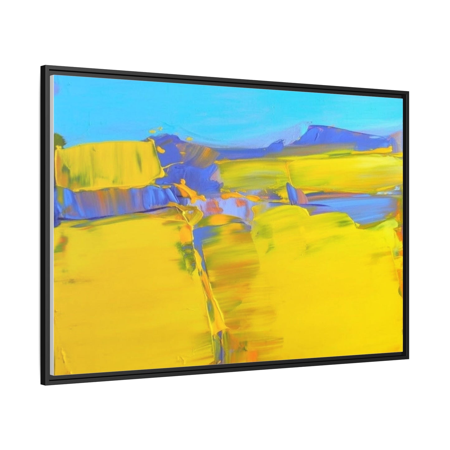 Framed Matte Canvas  Vibrant Yellow Blue Abstract Landscape Art