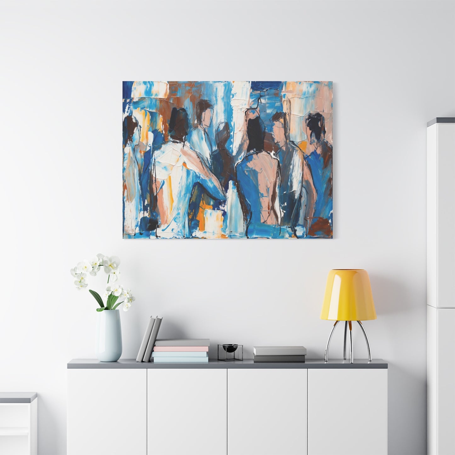 Abstract Figurative Canvas Art — Blue Social Scene Matte Stretched Canvas