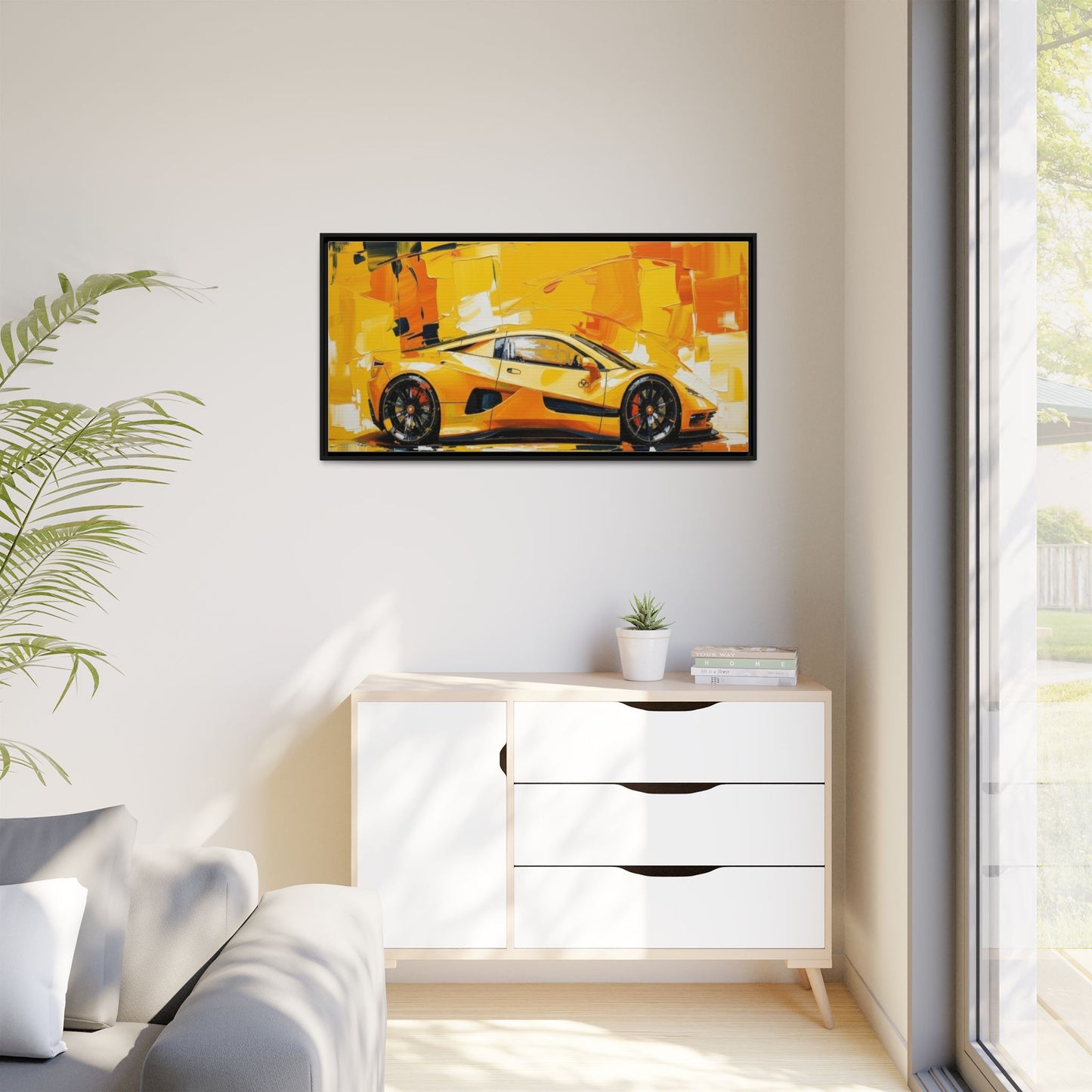 Yellow Sports Car Abstract Matte Canvas Framed Print