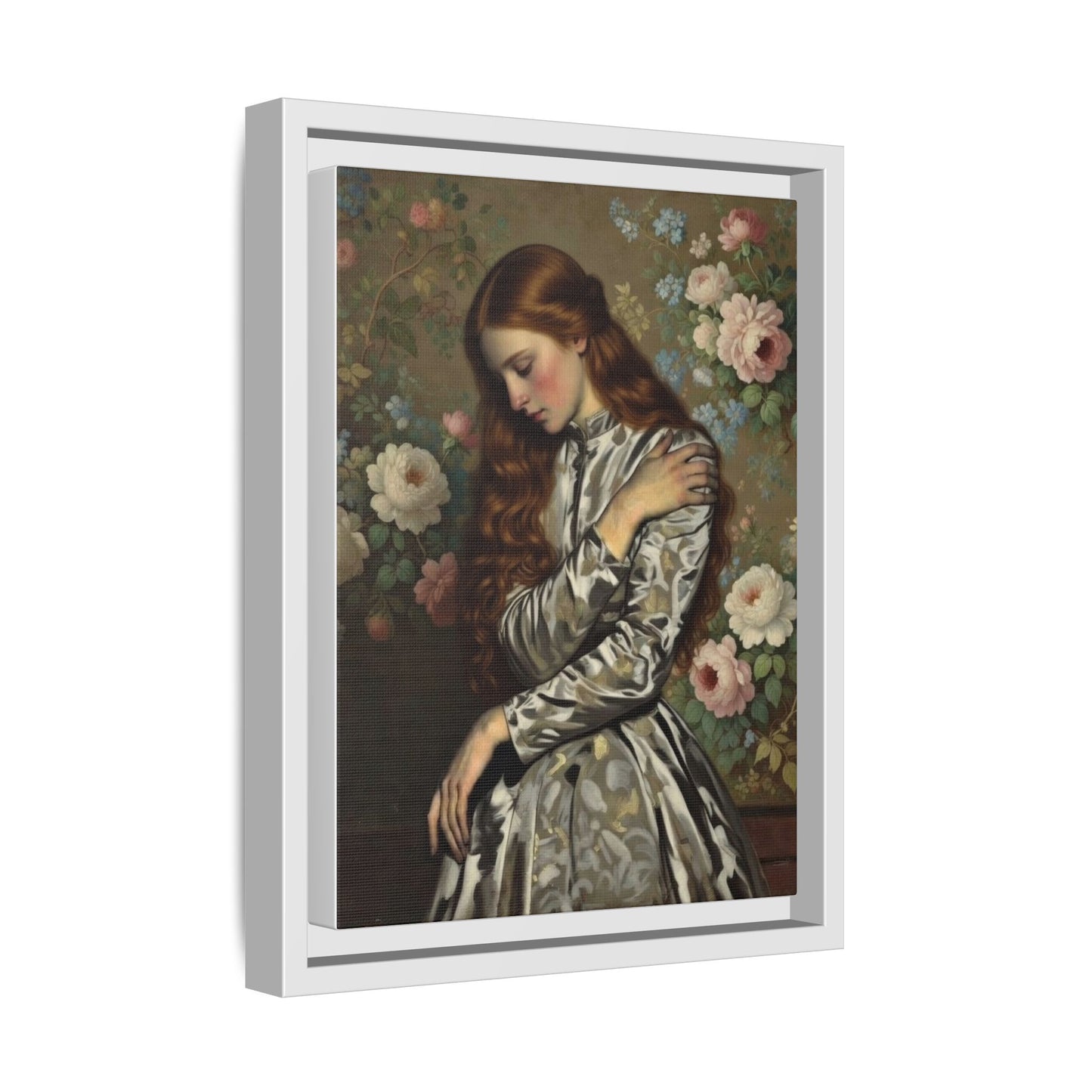 Framed Matte Canvas Art — Vintage Floral Portrait of a Young Woman