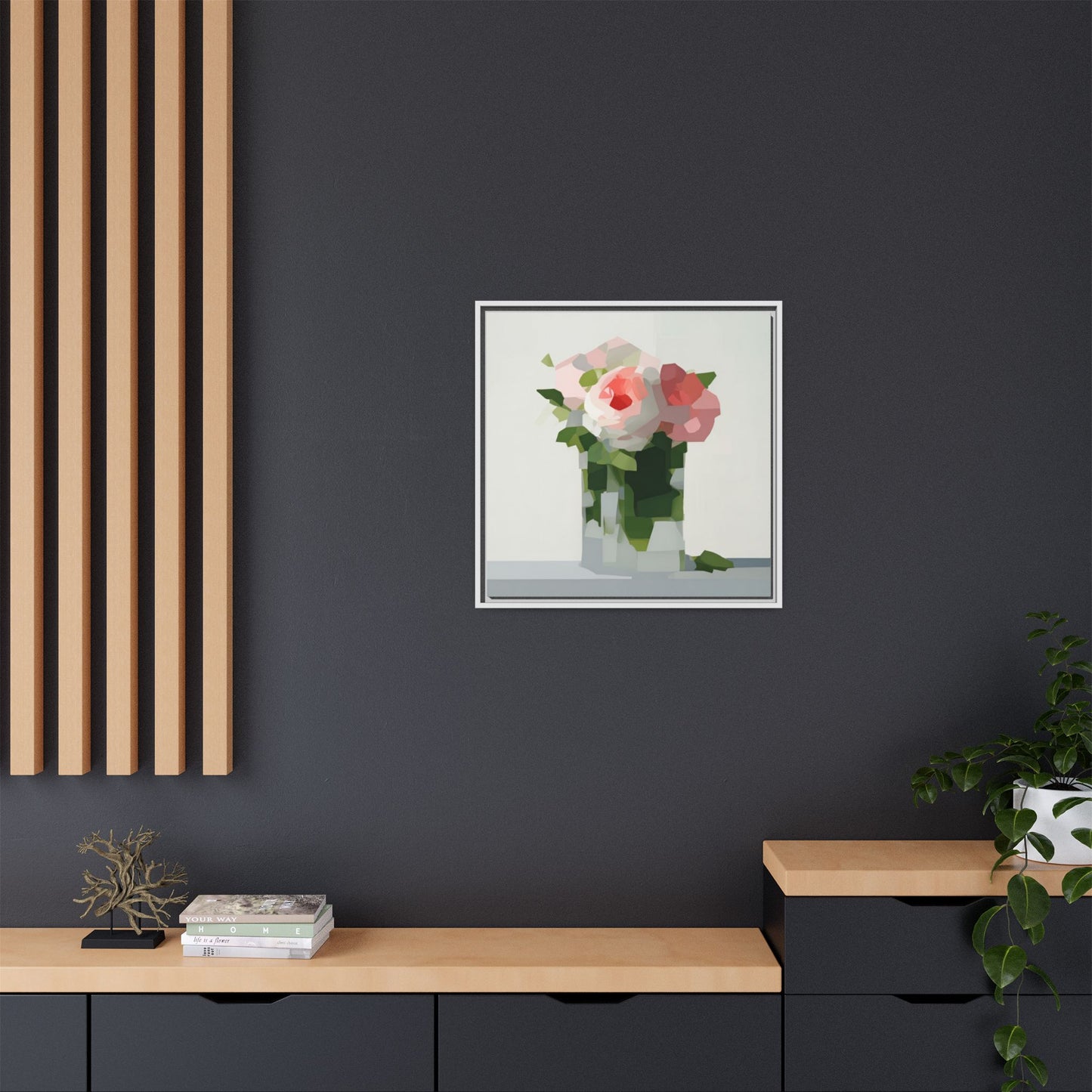 Framed Floral Canvas Print — Modern Pink Roses Still Life