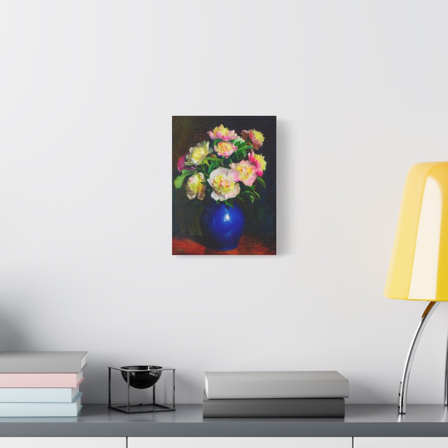 Peony Bouquet Canvas Print — Pink Peonies in Blue Vase, Stretched Matte Wall Art