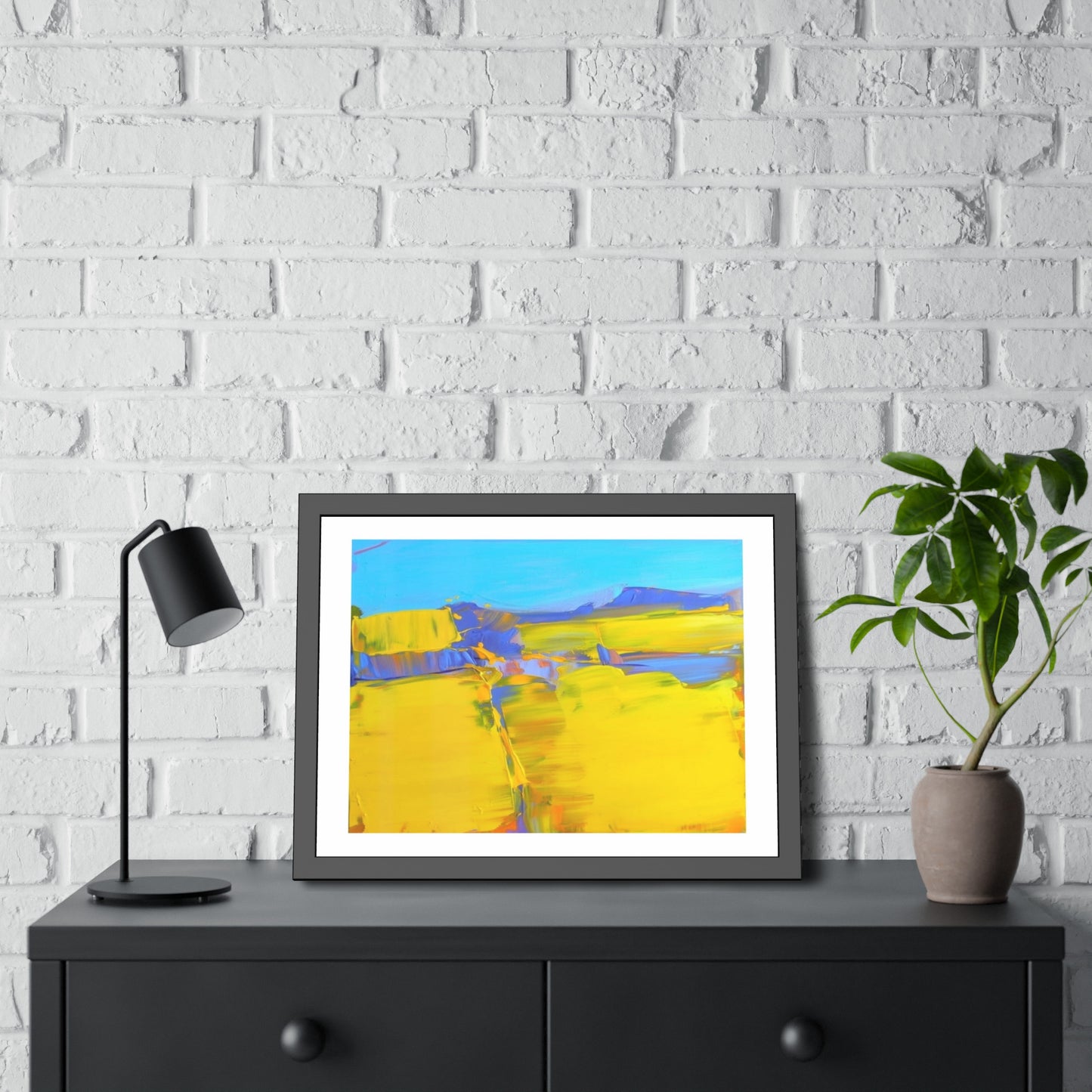 Abstract Sunshine Landscape Framed Poster  Bright Yellow Blue Modern Wall Art