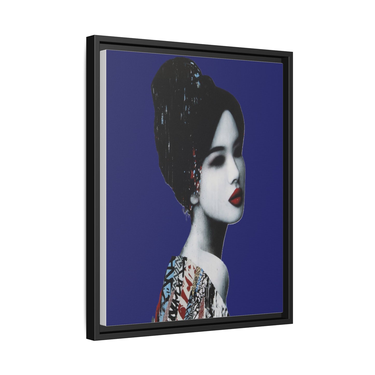 Framed Matte Canvas Art — Elegant Geisha Portrait on Deep Blue