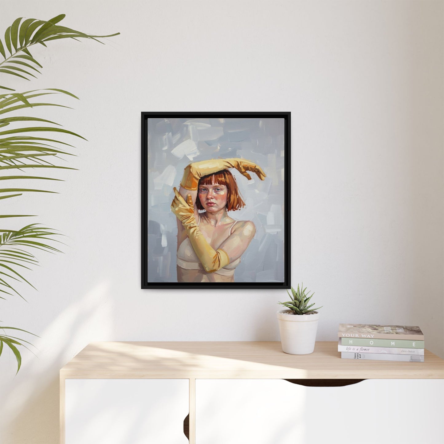 Contemporary Portrait Canvas Print — Woman with Yellow Gloves (Framed Matte)