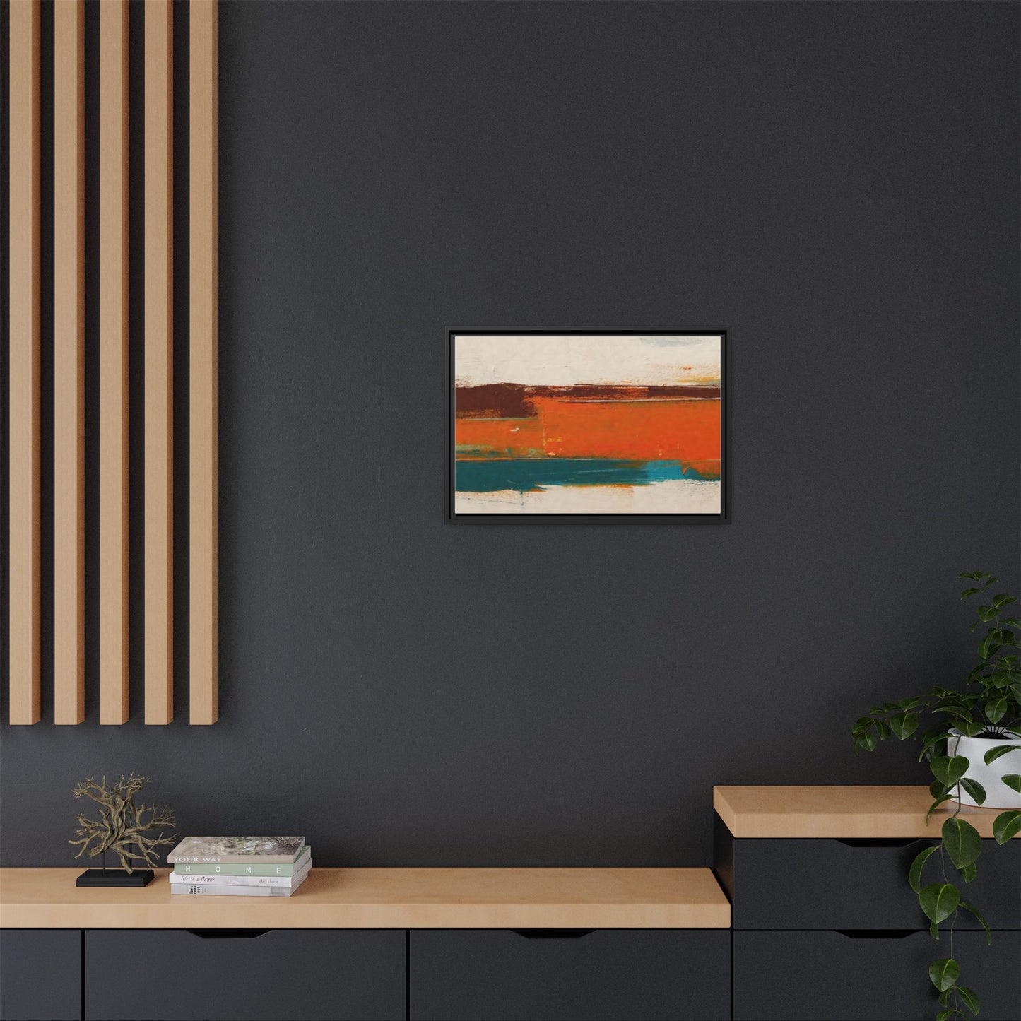 Abstract Horizon Matte Canvas Framed Print — Modern Orange Teal Wall Art
