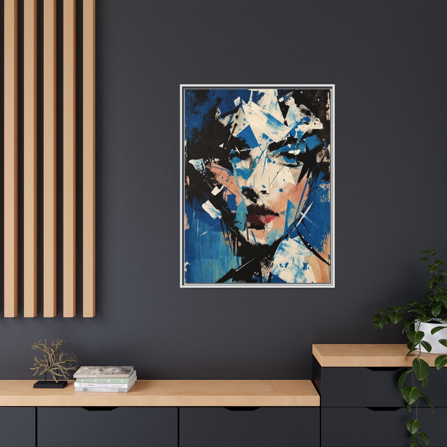 Abstract Portrait Matte Canvas Framed Wall Art — Blue Mixed-Media Face Print