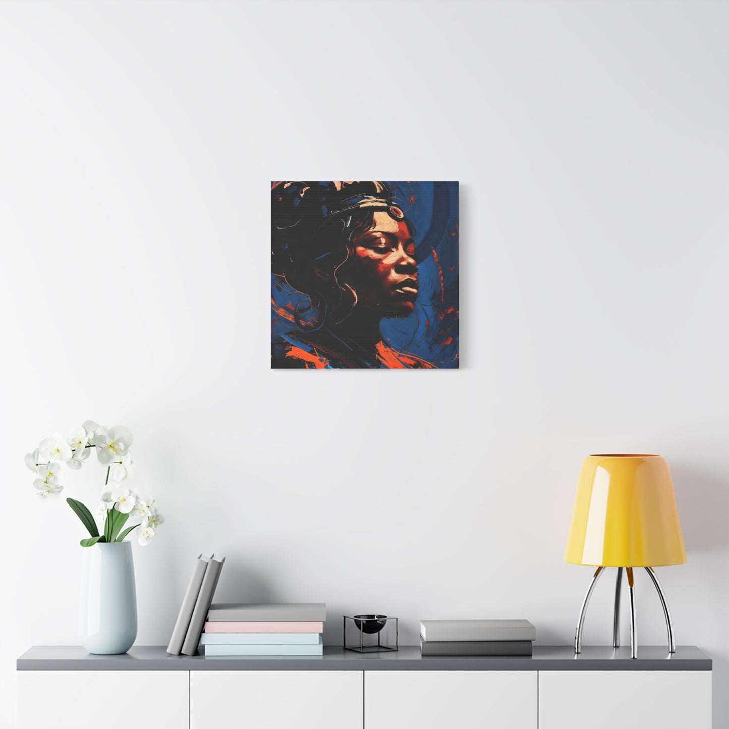 Regal Afrocentric Portrait Matte Canvas Art – Vibrant Blue & Orange Stretched Wall Decor