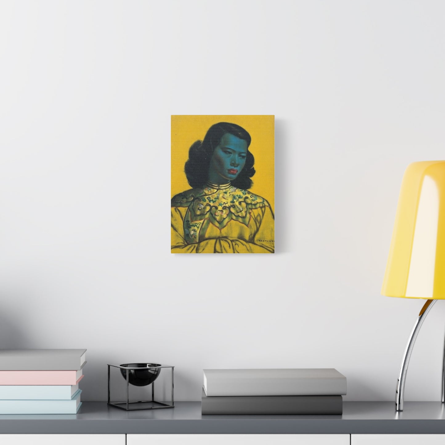 Vintage Portrait Canvas Print — Mid-Century Asian Woman Art on Yellow Background