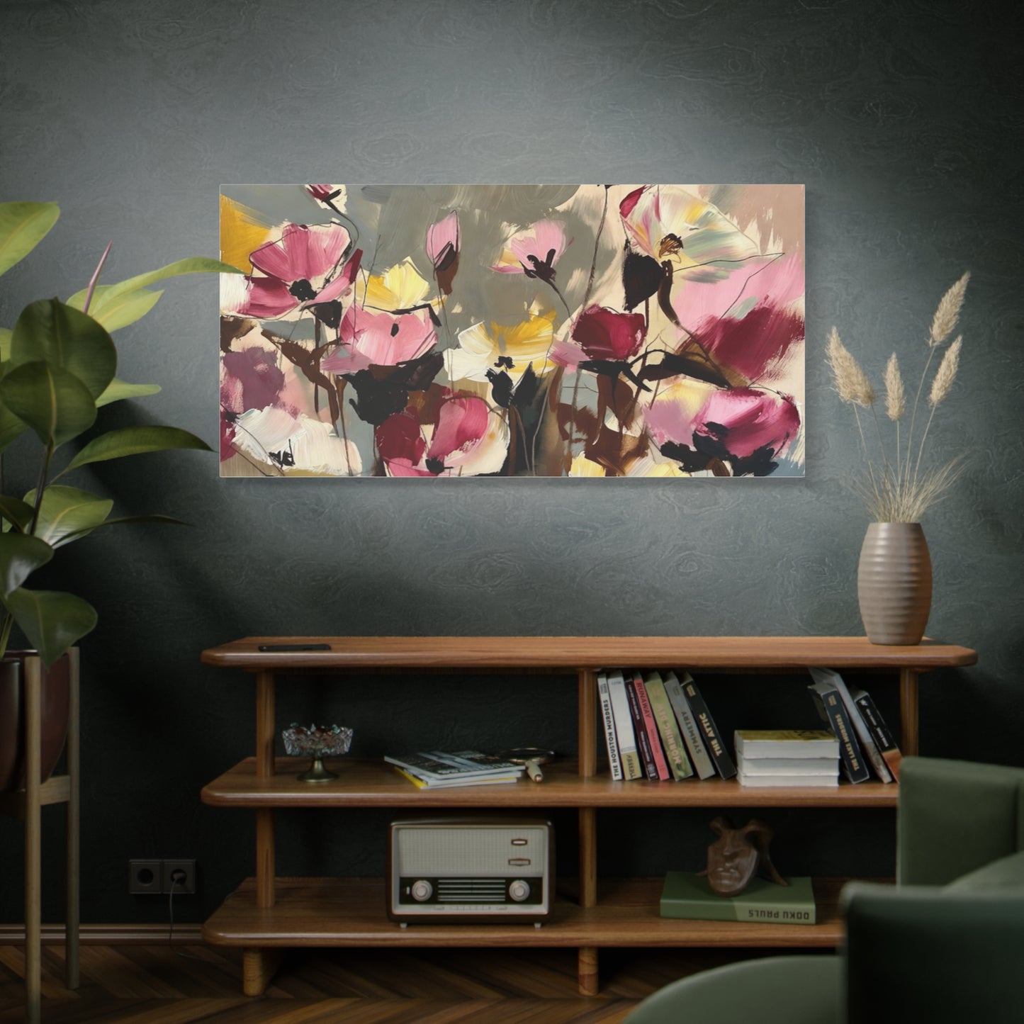 Floral Abstract Canvas Wall Art — Pink & Yellow Bloom Stretched Matte Print