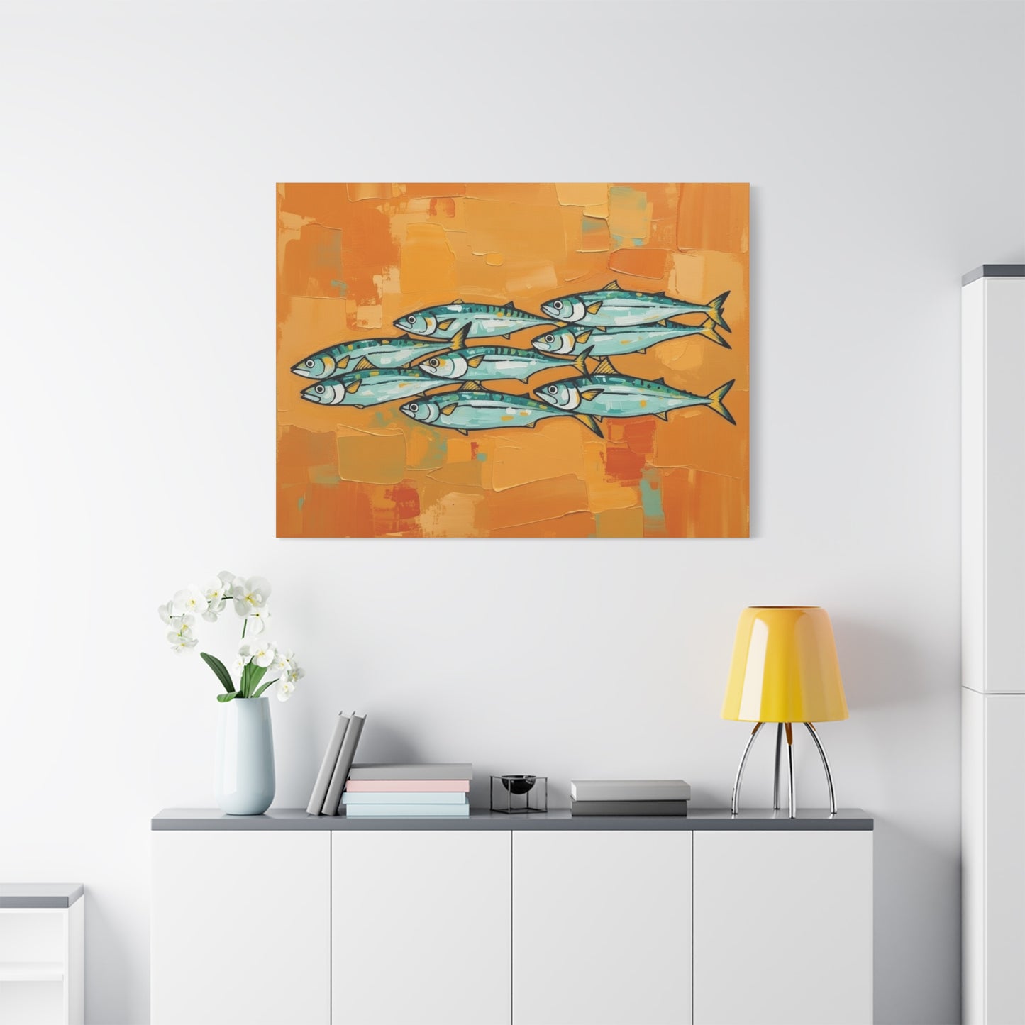 School of Mackerel Canvas Wall Art — Nautical Fish Painting on Orange Background