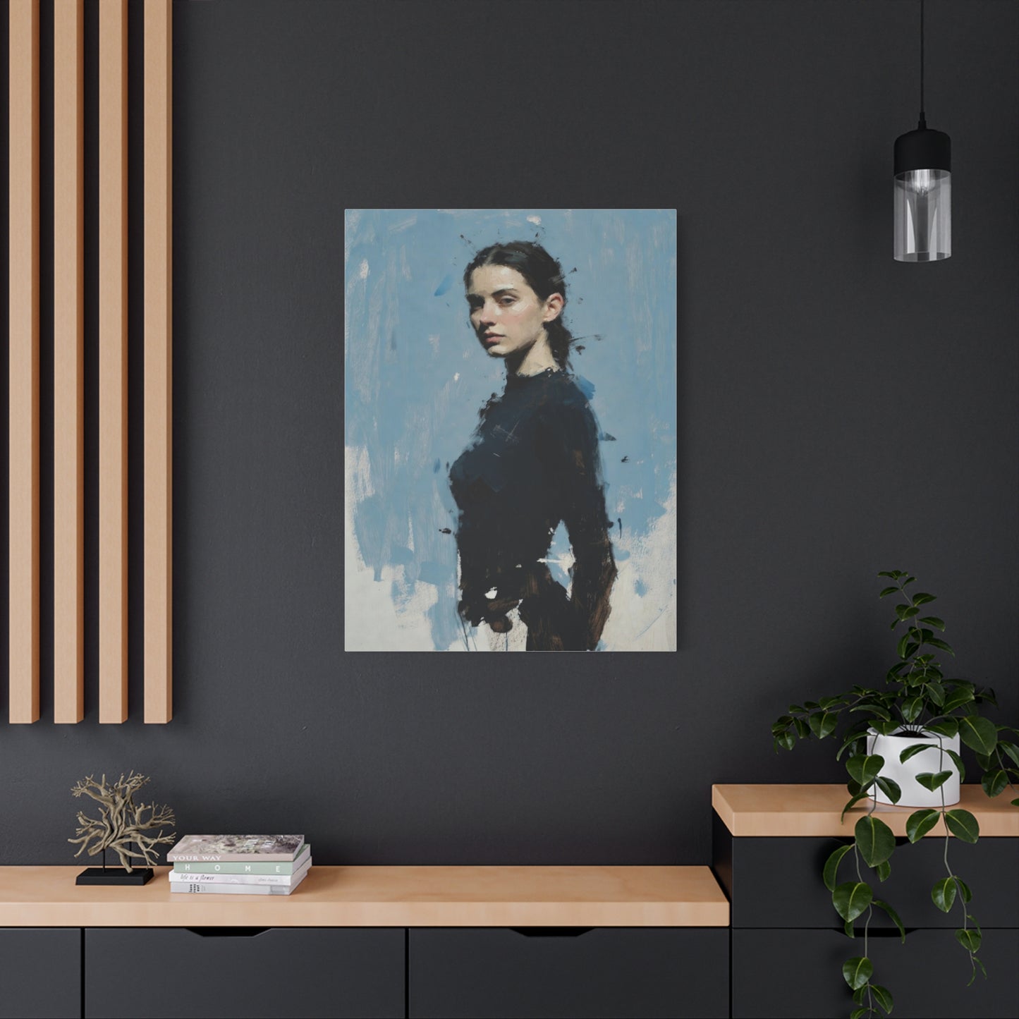 Matte Stretched Canvas Print — Portrait of a Young Woman, Moody Blue Figurative Art