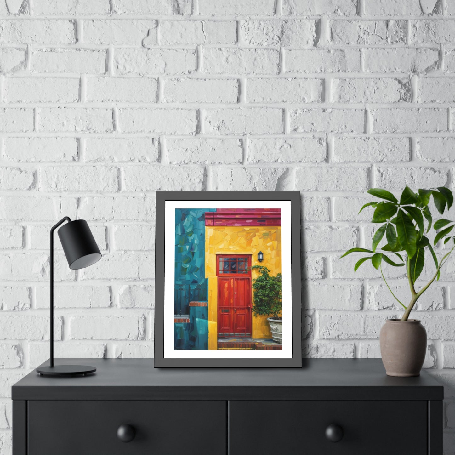 Framed Art Print - Vibrant Red Door Street Scene Poster