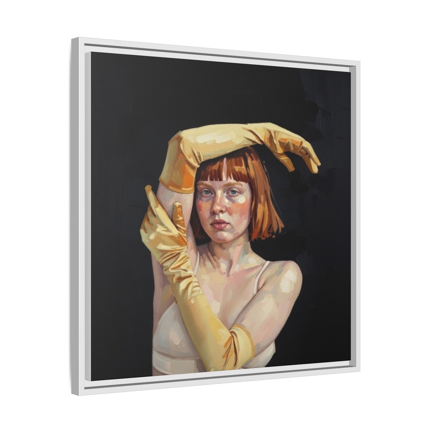 Framed Matte Canvas Art – Portrait of Woman in Yellow Gloves