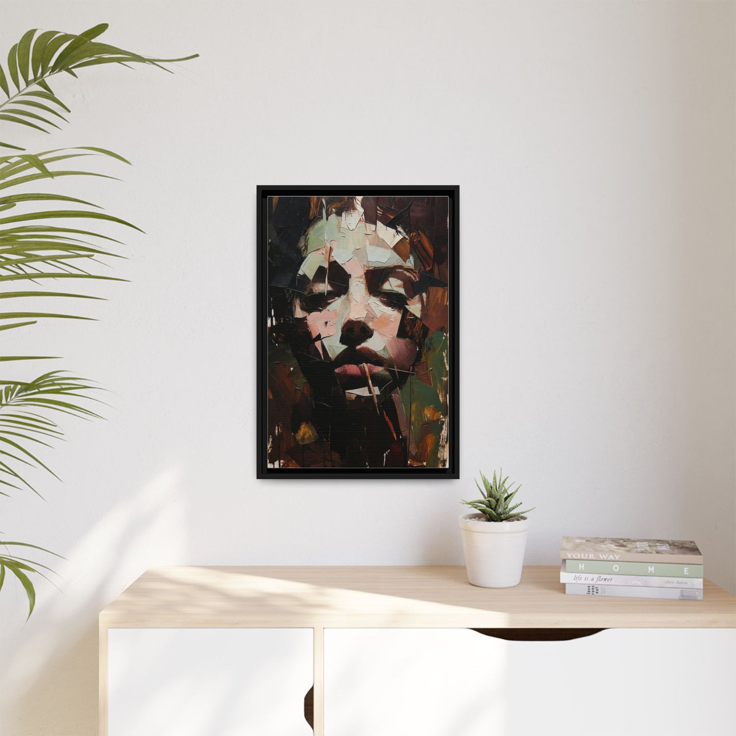 Matte Framed Canvas Art — Abstract Female Portrait, Moody Multicolor