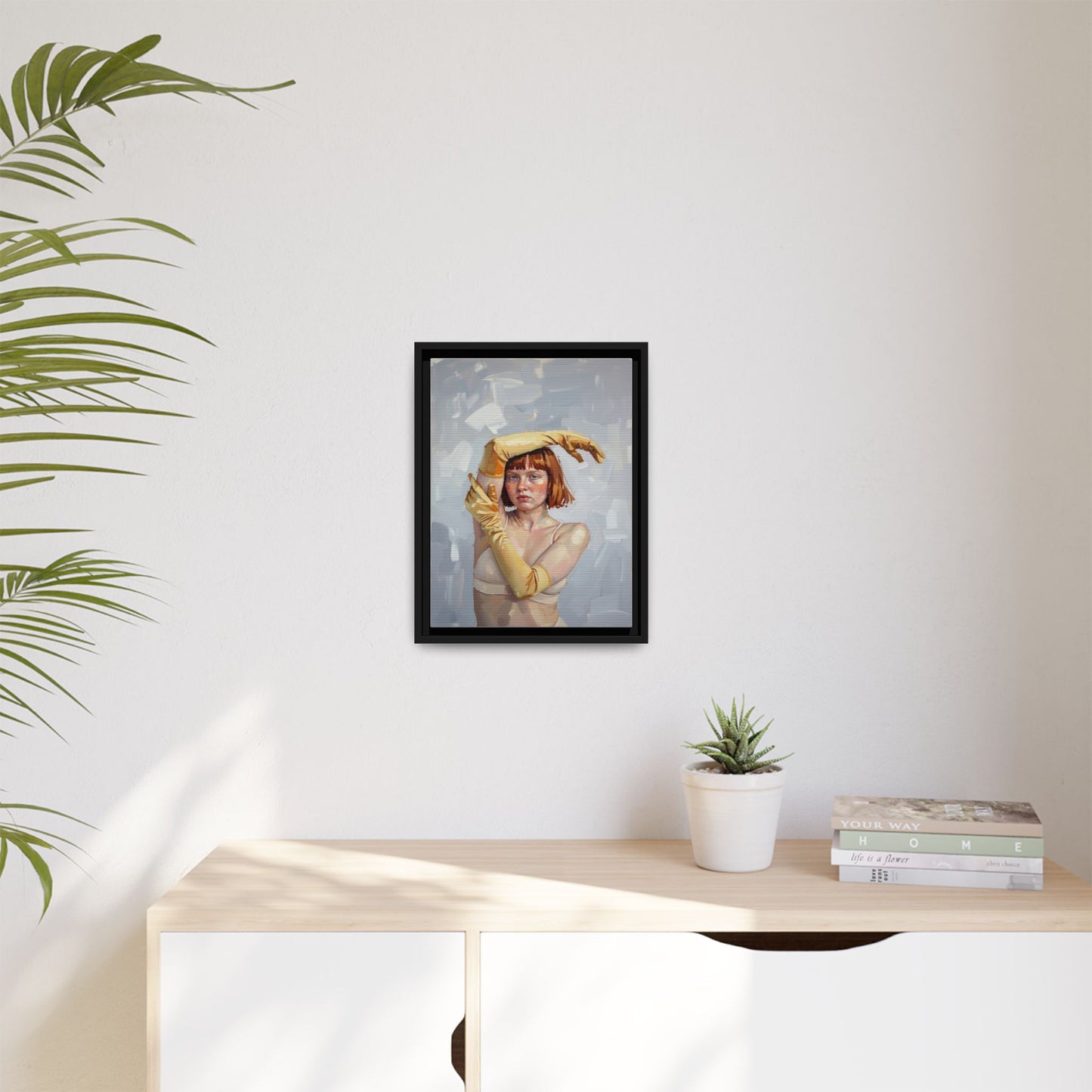 Contemporary Portrait Canvas Print — Woman with Yellow Gloves (Framed Matte)