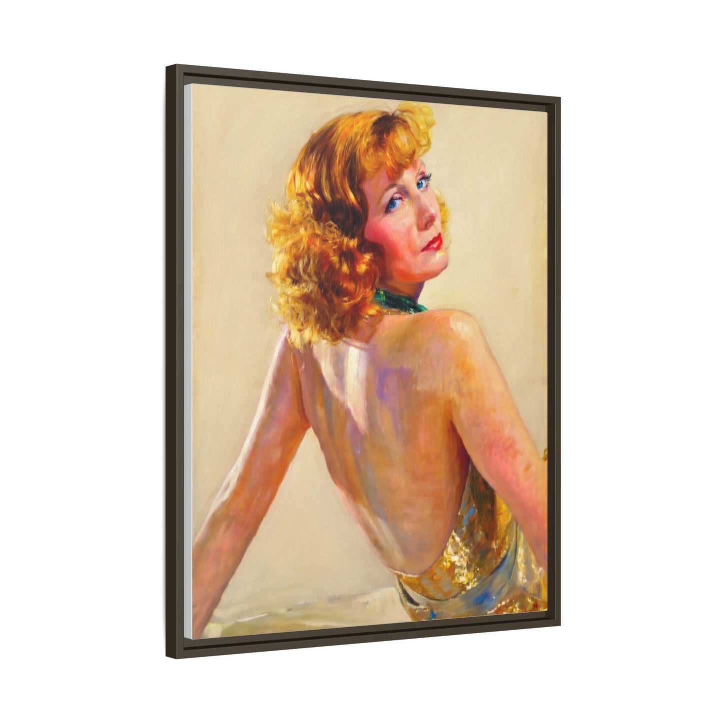 Framed Matte Canvas Print — Vintage Portrait of Redhead Greta Garbo in Gold Dress