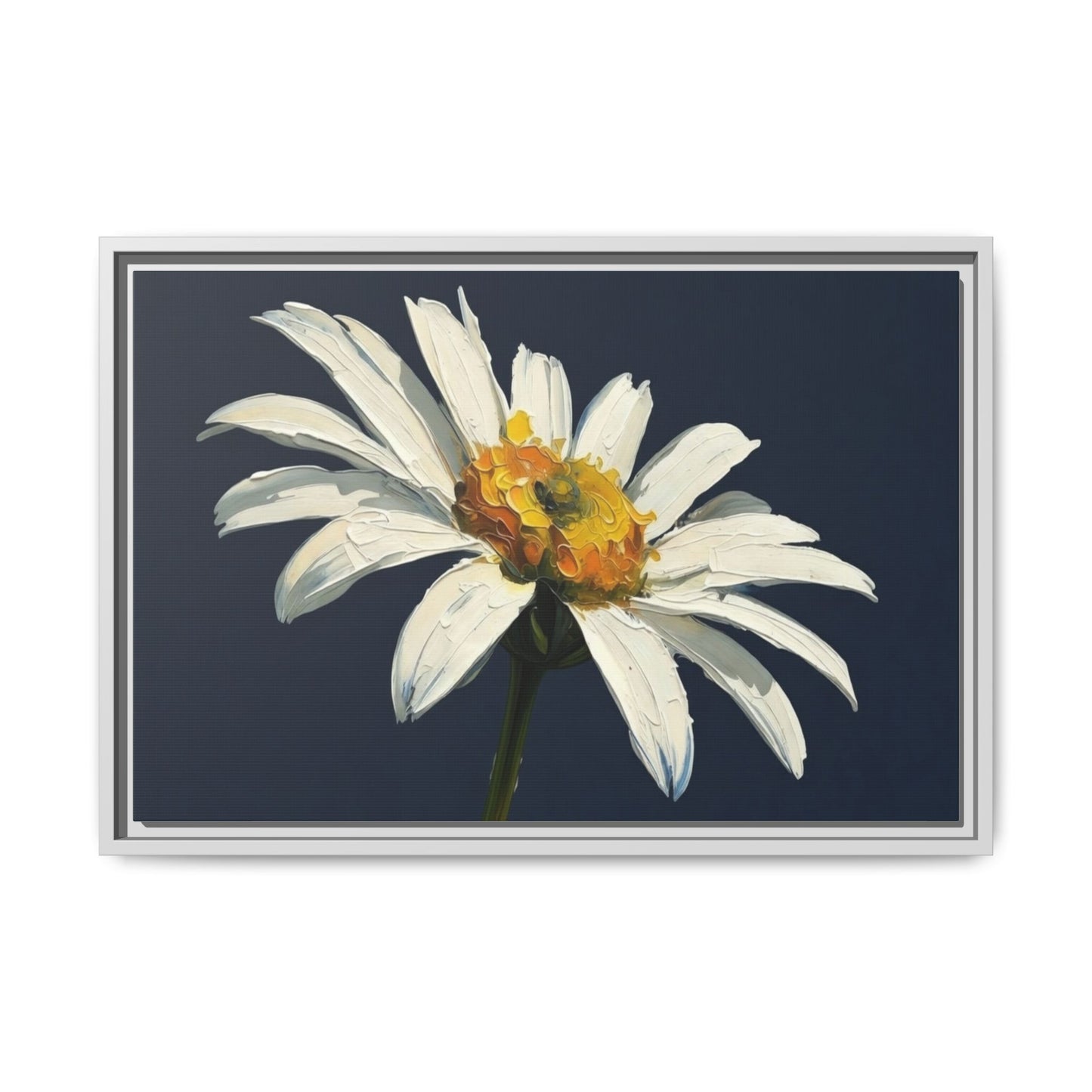 Framed Matte Canvas Daisy Wall Art — White Floral Painting on Navy