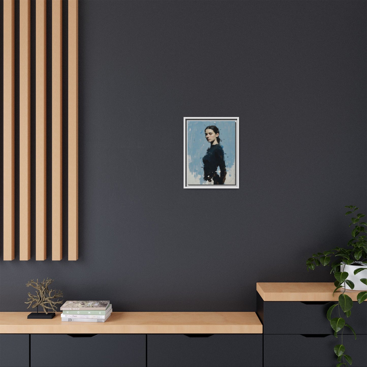 Framed Matte Canvas Portrait Print — Elegant Blue Woman Art