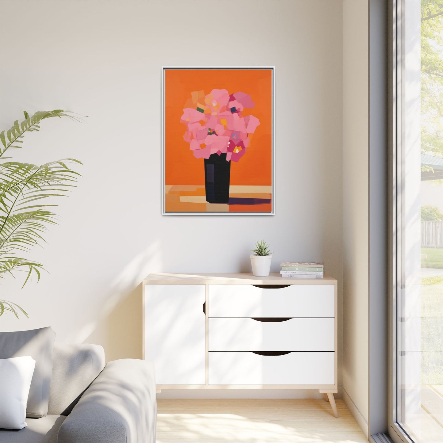 Framed Floral Canvas Art — Pink Bouquet on Orange Background