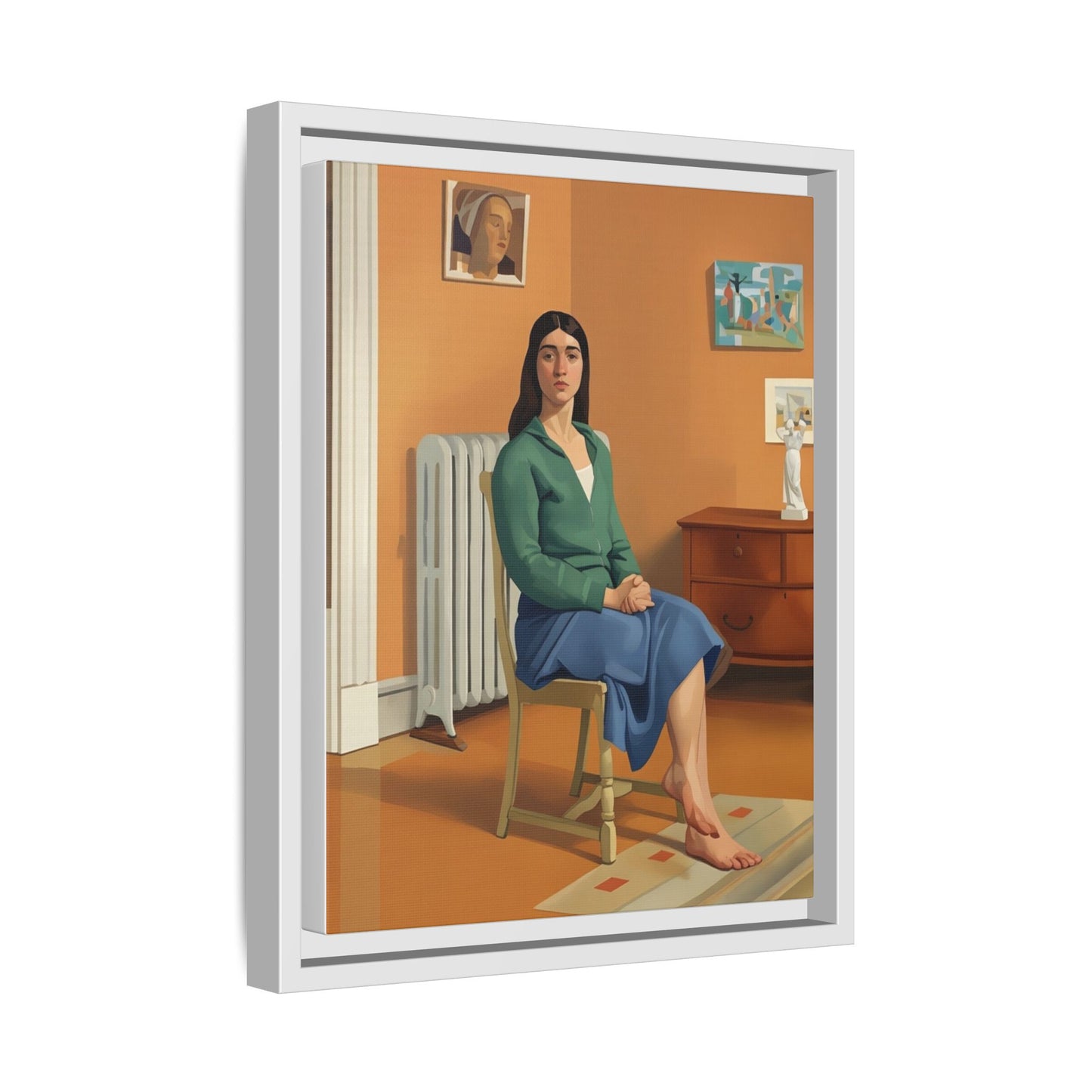 Framed Matte Canvas Print — Woman Seated in Warm Interior (Midcentury Portrait)