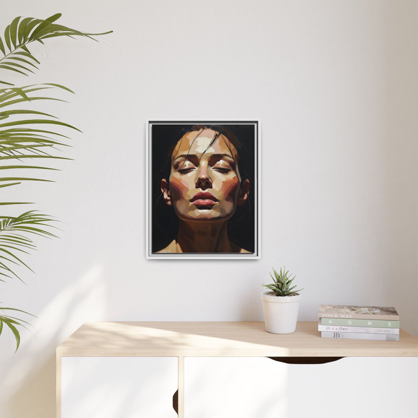 Framed Matte Canvas Portrait – Woman with Eyes Closed (Multi‑Color)