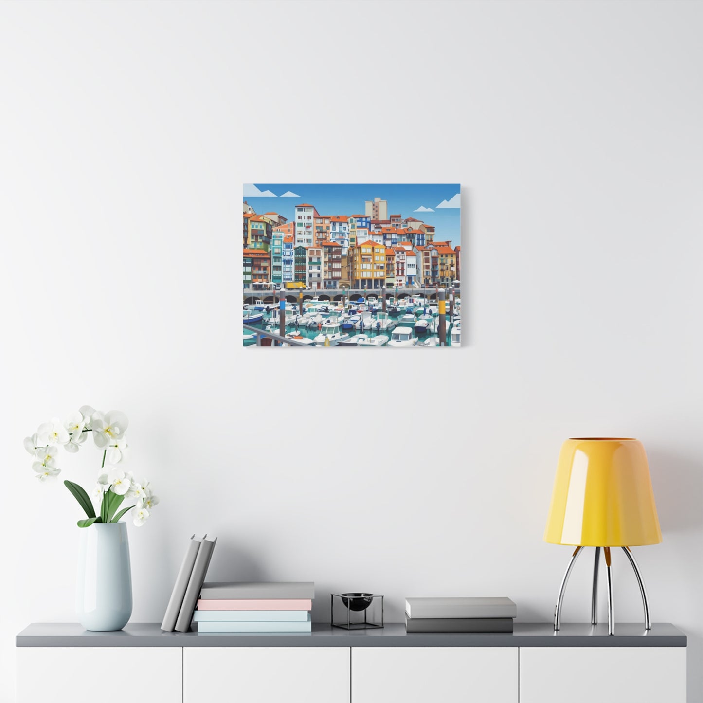 Colorful Coastal Harbor Matte Canvas Print — Stretched Wall Art