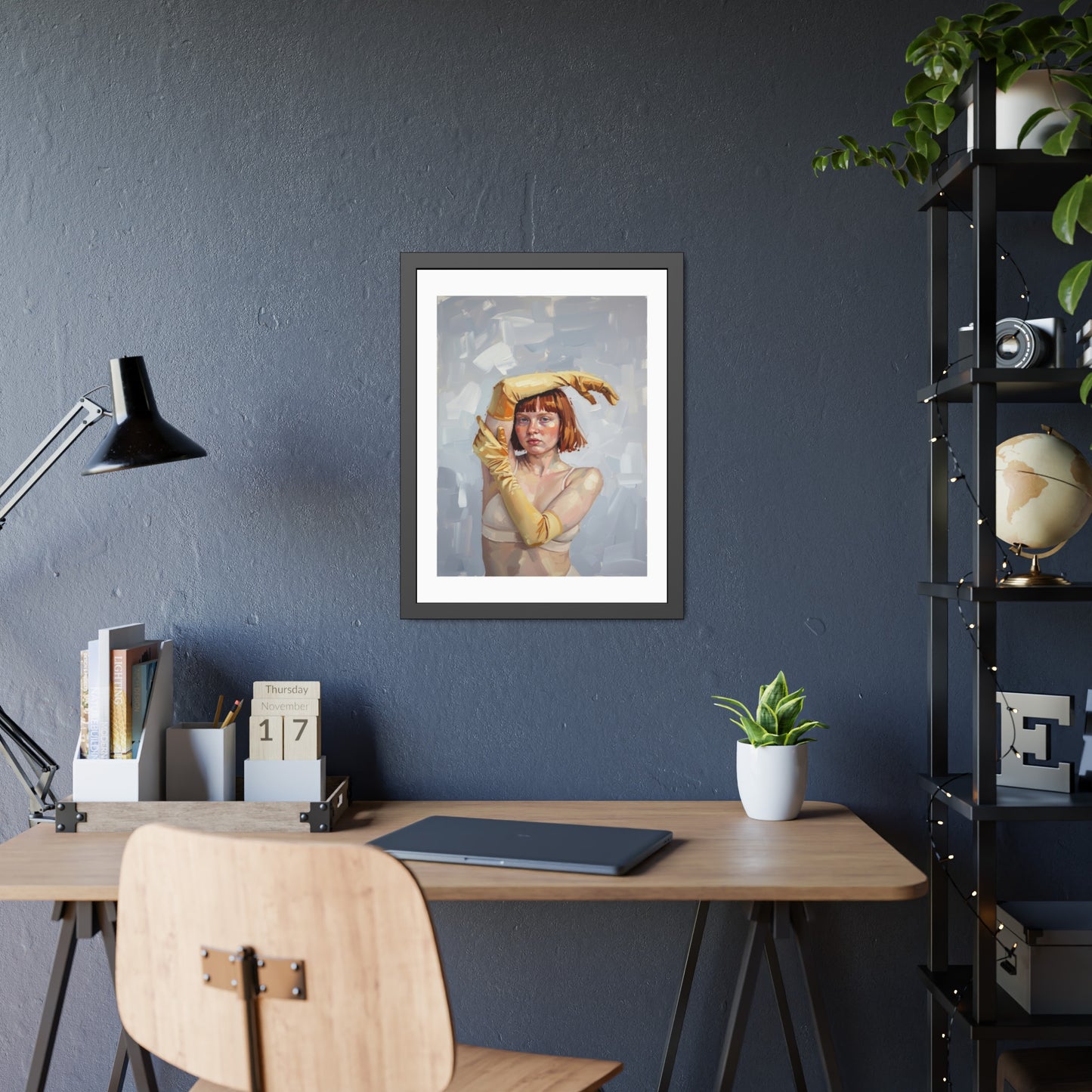 Framed Art Print — Portrait of Woman in Yellow Gloves (Modern Figurative Wall Art)