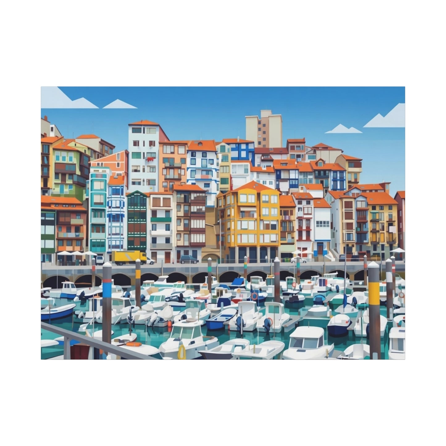 Colorful Coastal Harbor Matte Canvas Print — Stretched Wall Art
