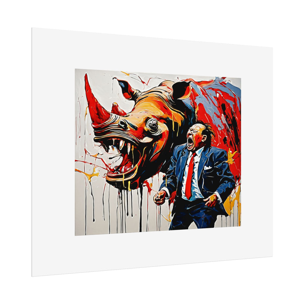 Rhinoceros wearing a business suit screaming aloud while seeing the stock price crash by Kazuo Shiraga Wall Art Print